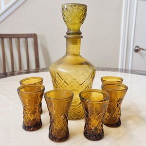 MCM Amber Glass Decanter Set w/6 Cordial Glasses Diamond Pattern Barware Taiwan